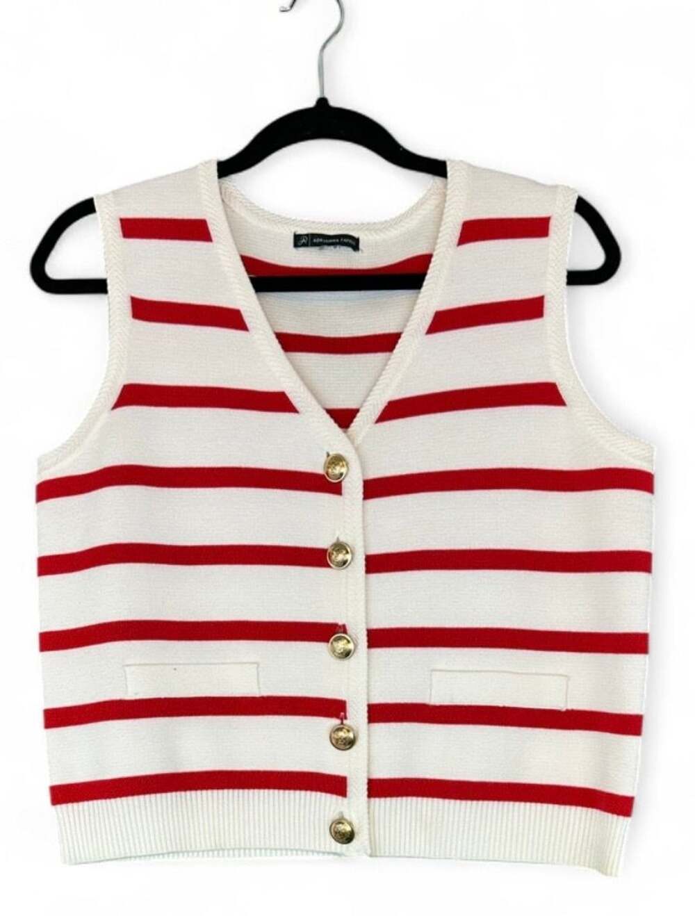 Adrianna Papell Knit Vest Red White Striped Gold Button V-Neck